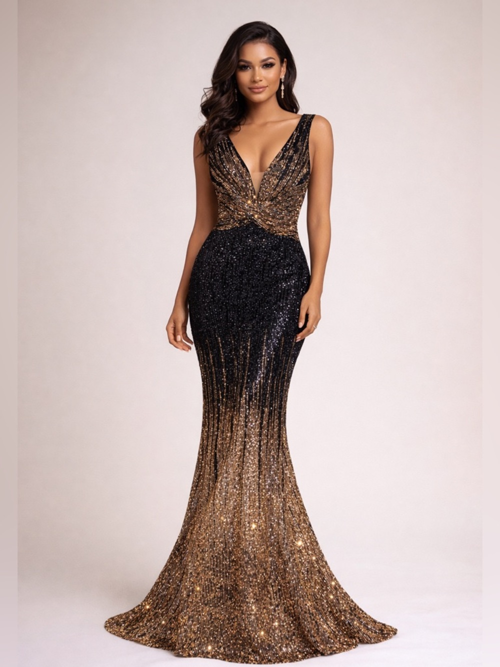 Black Gold Sequin Mermaid Maxi‎ Dress NWT Unithorse Deep V Glam Gown Size L